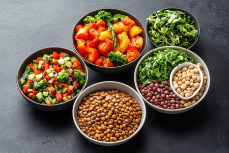 Colorful vegan bowls with lentils, chickpeas, vegetables, and greens on dark background.の写真素材
