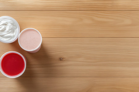Assorted yogurt cups on wooden surface.の写真素材