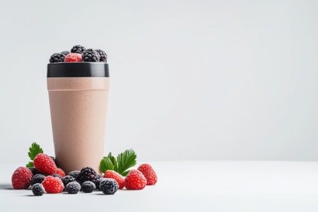 Chocolate berry smoothie in tumbler with fresh raspberries and blackberries on white surface.の写真素材