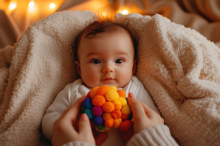 Adorable caucasian baby with colorful toy wrapped in a cozy blanket.の素材