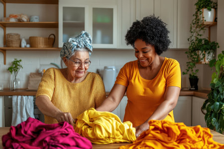 Elderly caucasian woman and young African woman folding colorful fabric in kitchen.の素材