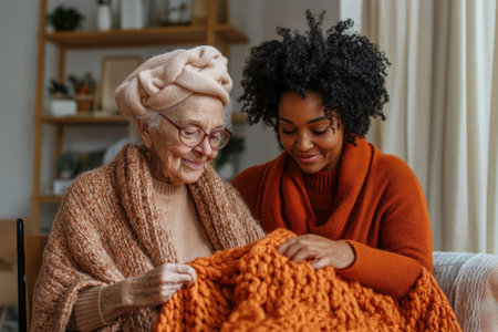 Elderly caucasian woman and young African woman knitting together.の素材