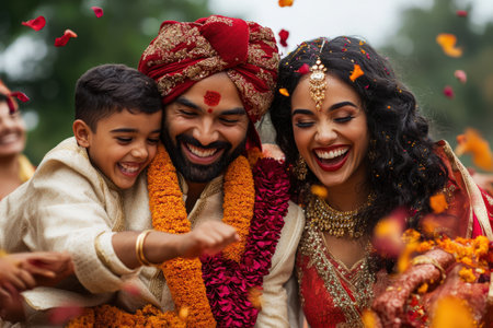 Joyful Indian wedding celebration with smiling family in traditional attire.の素材