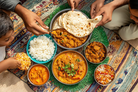 Family sharing traditional Indian meal with various curries and rice.の素材