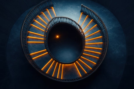 Spiraling staircase with warm lighting in dark ambiance.の素材