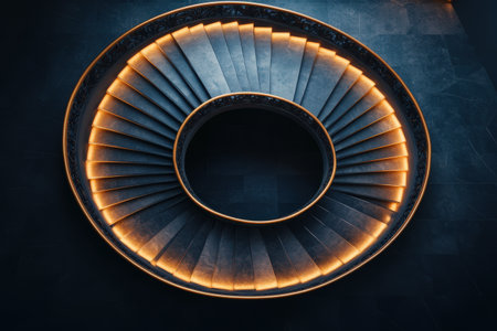 Illuminated spiral staircase with elegant architectural design.の素材