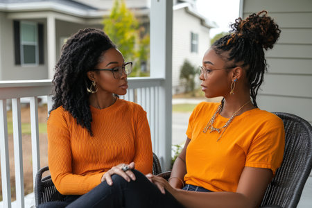 Two African young women having a conversation on a porch.の素材