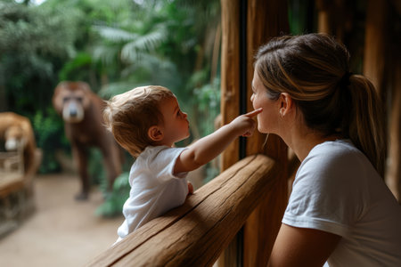Young caucasian mother and child enjoying a day at the zoo with gorillas in the background.の素材