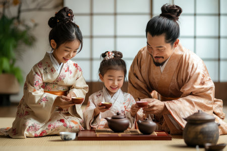 Asian family enjoying traditional tea ceremony at home.の素材