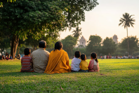 Family enjoying time together in a park at sunset.の素材