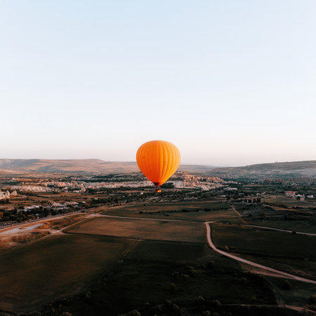 Orange hot air balloon over scenic landscape at dawn.の写真素材