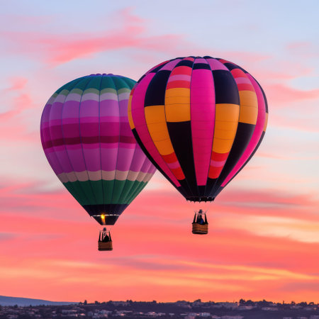 Colorful hot air balloons in vibrant sunset sky.の写真素材