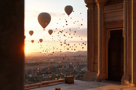Hot air balloons and autumn leaves at sunset near historic architecture.の写真素材