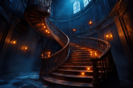 Enchanting spiral staircase in mysterious old mansion with dramatic lighting.
