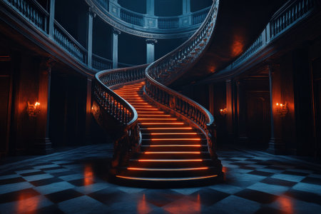 Grand spiral staircase with illuminated steps in elegant mansion interior.の写真素材