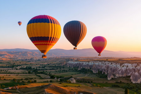 Colorful hot air balloons floating over scenic cappadocia landscape at sunrise.