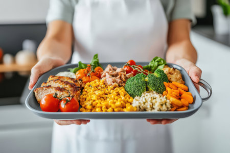 Person holding healthy tray of colorful vegetables and grains in kitchenの写真素材