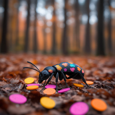 Colorful beetle with patterned shell crawling through autumn forest leaves.の写真素材
