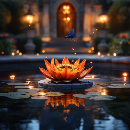 Enchanting lotus with dragonfly at night in illuminated garden pond.の写真素材
