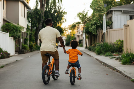 Two people cycling together on a suburban street, sharing a peaceful moment outdoors.の写真素材