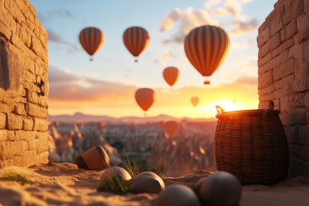 Scenic hot air balloons floating at sunrise over cappadocia landscape.の写真素材