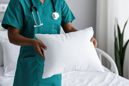 Healthcare professional in teal uniform holding pillow in hospital roomの写真素材