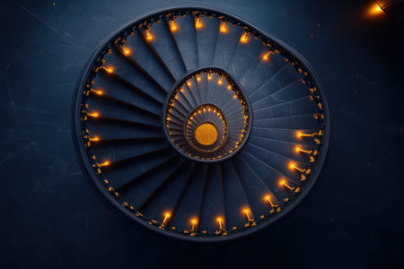 Spiral staircase illuminated by warm lights in stunning architectural design.の写真素材