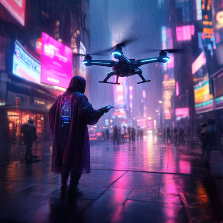 Futuristic urban scene with drone in neon-lit rainy night.の写真素材