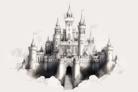 Majestic medieval castle with towers and gate surrounded by rocky landscape.の写真素材