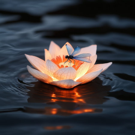 Dragonfly resting on illuminated lotus on water surface at sunset.