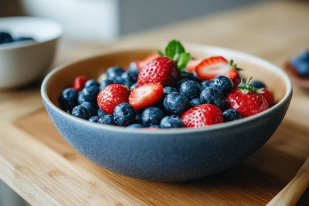 Fresh strawberries and blueberries in a ceramic bowl on wooden table.の写真素材