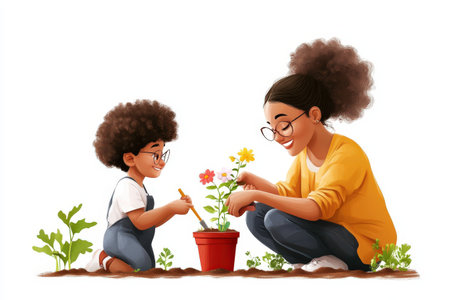 Two people planting flowers together with joy and careの写真素材