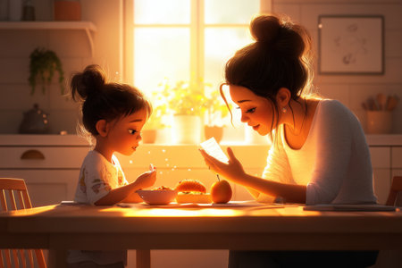 Parent and child sharing breakfast in sunlit kitchen.の写真素材
