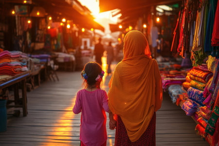 Two people walking through a vibrant market at sunsetの写真素材
