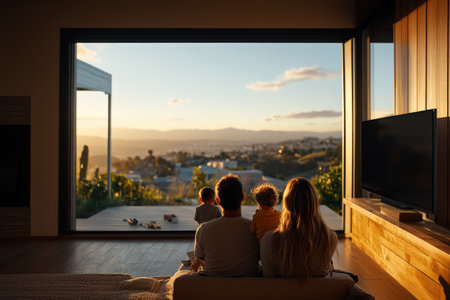 People relaxing in modern living room enjoying scenic sunset view over hillsの写真素材