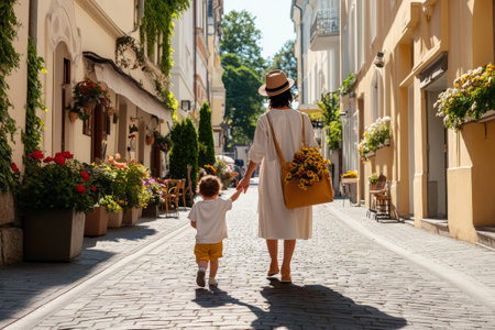 Two people strolling down a sunny street with flowers and cafe.の写真素材