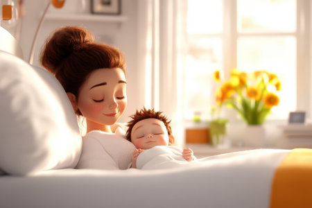 Mother and baby relaxing in sunny bedroom with flowers.の写真素材