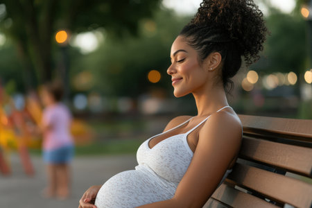 Expectant mother relaxing on park bench at duskの写真素材