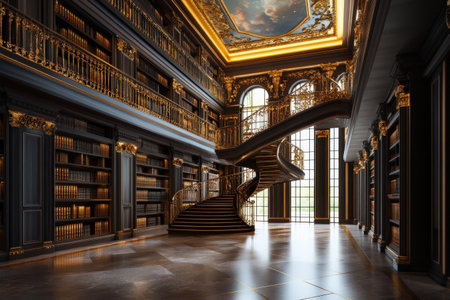 Grand baroque library interior with ornate spiral staircase and antique book collection.の写真素材