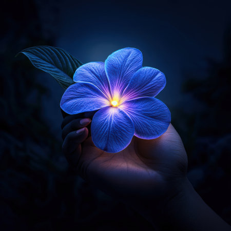 Hand holding luminous blue flower against dark background.の写真素材