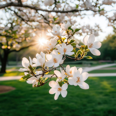 Sunlit white magnolia blossoms on a spring morning.の写真素材