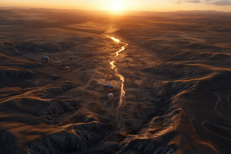 Sunrise over cappadocia: hot air balloons soaring above rugged landscape.の写真素材