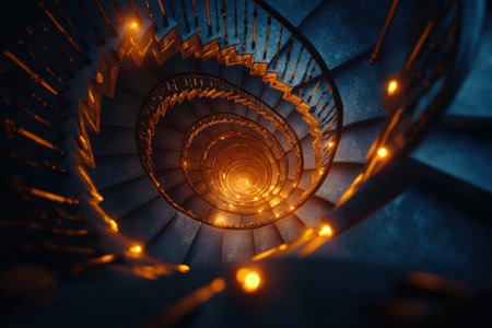 Spiral staircase illuminated with warm lights in a dark setting.の写真素材