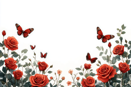 Red butterflies and roses with green foliage on white background.の写真素材