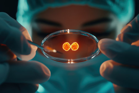 Scientist examining cells under microscope in lab setting, wearing protective gear.の写真素材