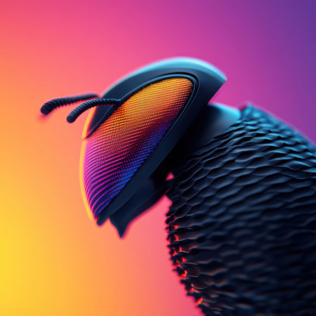 Vibrant macro close-up of a futuristic robotic insect with colorful antennae.