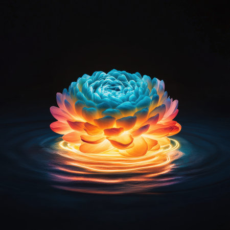 Vibrant glowing lotus on water with colorful petals and rippling light.