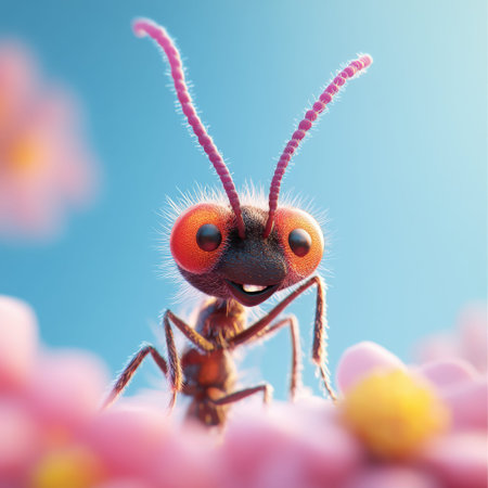 Smiling cartoon ant on pink flowers with blue sky background.