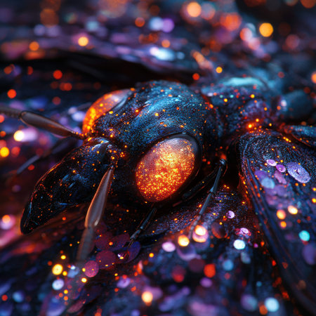 Vibrant macro view of insect with glowing eyes and wings in cosmic colors.
