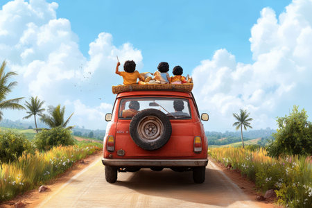 A red car traveling on a sunny day through rural countryside